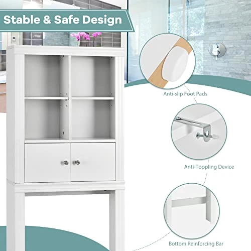 Tangkula Over The Toilet Storage Cabinet, Bathroom Space Saver Organizer W/4 Open Shelves, 2-Door Cabinet & Adjustable Shelves, Above Toilet Stand W/Anti-Tilt Device, Freestanding Toilet Rack (White) 8 Tangkula Over The Toilet Storage Cabinet, Bathroom Space Saver Organizer W/4 Open Shelves, 2-Door Cabinet & Adjustable Shelves, Above Toilet Stand W/Anti-Tilt Device, Freestanding Toilet Rack (White) - Image 6