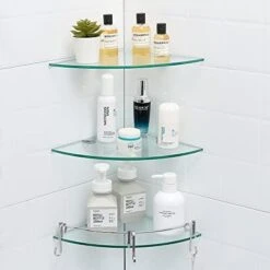 HouseMila Bathroom Shelf, 2 Tier Glass Bathroom Wall Shelf With Extra 3 Hangers Floating Glass Corner Shelves With Nail Shampoo Organizer -Moen Shop 41v3V56OaZL. AC