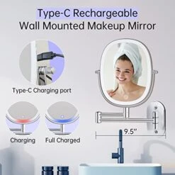 FUNTOUCH Rechargeable Wall Mounted Lighted Makeup Vanity Mirror, Double Sided 1X/7X Magnifying Mirror, 3 Lighting Option Dimmable, Extension Foldable Arm, Oval Frame Lighted Bathroom Magnifying Mirror -Moen Shop 41wcEeM23JL