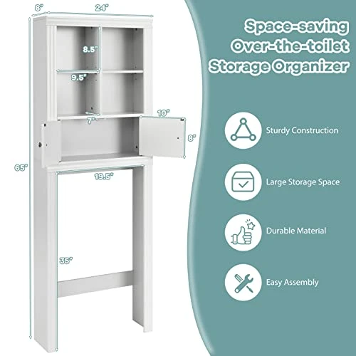 Tangkula Over The Toilet Storage Cabinet, Bathroom Space Saver Organizer W/4 Open Shelves, 2-Door Cabinet & Adjustable Shelves, Above Toilet Stand W/Anti-Tilt Device, Freestanding Toilet Rack (White) 5 Tangkula Over The Toilet Storage Cabinet, Bathroom Space Saver Organizer W/4 Open Shelves, 2-Door Cabinet & Adjustable Shelves, Above Toilet Stand W/Anti-Tilt Device, Freestanding Toilet Rack (White) - Image 3