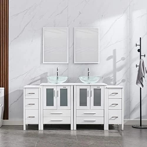 Eclife 72" White Bathroom Vanity W/White Side Cabinet Combo Modern Pedestal Cabinet Set Pedestal Stand Wood With Bathroom Vanity Mirror Drawers Soft Closing Cabinet Doors Set (2B02W 2B11W) 7 Eclife 72" White Bathroom Vanity W/White Side Cabinet Combo Modern Pedestal Cabinet Set Pedestal Stand Wood With Bathroom Vanity Mirror Drawers Soft Closing Cabinet Doors Set (2B02W 2B11W) - Image 5