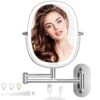 TOUCHFEEL Wall Mounted Makeup Mirror, 9 Inch 1X/7X Magnifying Mirror With 3 Color Light, Double Sided 360° Swivel Extendable Bathroom Mirror With Dimmable LED Light For Bedroom