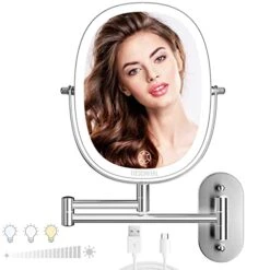 TOUCHFEEL Wall Mounted Makeup Mirror, 9 Inch 1X/7X Magnifying Mirror With 3 Color Light, Double Sided 360° Swivel Extendable Bathroom Mirror With Dimmable LED Light For Bedroom