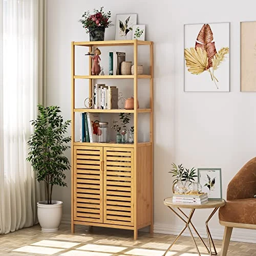 HIFIT Tall Bathroom Storage Cabinet, Bamboo Storage Cabinet With 2 Doors And 3 Tier Shelves, Bathroom Cabinet Freestanding, 67”H Bamboo Tall Cabinet For Bathroom Living Room Kitchen, Nature 4 HIFIT Tall Bathroom Storage Cabinet, Bamboo Storage Cabinet With 2 Doors And 3 Tier Shelves, Bathroom Cabinet Freestanding, 67”H Bamboo Tall Cabinet For Bathroom Living Room Kitchen, Nature - Image 2