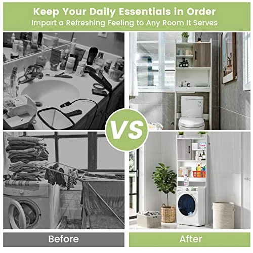 LOKO Over The Toilet Storage Cabinet, Wooden Bathroom Space Saver With Door & Open Storage Shelves, Anti-toppling Device, Freestanding Over Toilet Bathroom Organizer For Bathroom, Laundry 6 LOKO Over The Toilet Storage Cabinet, Wooden Bathroom Space Saver With Door & Open Storage Shelves, Anti-toppling Device, Freestanding Over Toilet Bathroom Organizer For Bathroom, Laundry - Image 4