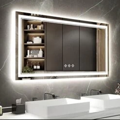 VanPokins LED Bathroom Mirror, 24x32 Inch Gradient Front And Backlit LED Mirror For Bathroom, 3 Colors Dimmable CRI>90 Double Lights, IP54 Enhanced Anti-Fog, Hanging Plates Wall Mount Lighted Mirror -Moen Shop 513jNUuSqnL. AC