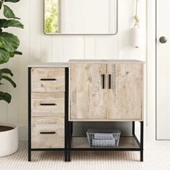 Eclife 36" Oak Bathroom Vanity Cabinet Sink Combo W/Free Standing 3 Drawers Side Cabinet, Oak Veneered Bathroom Vanity Pedestal Cabinet W/Soft Closing Door And Shelf