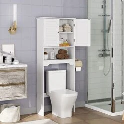 HOMEFORT Bathroom Cabinet, Louvre Étagere Over The Toilet Storage Cabinet, Freestanding Bathroom Spacesaver, Above Toilet Bathroom Shelf Organizer With Double Wood Doors And Adjustable Shelf(White) -Moen Shop 516fpa1agwL