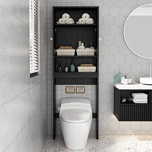 PQXM Over The Toilet Storage Cabinet, 77''H Over Toilet Bathroom Organizer With 2 Open Shelves And Double Doors Cabinet, Black 3 PQXM Over The Toilet Storage Cabinet, 77''H Over Toilet Bathroom Organizer With 2 Open Shelves And Double Doors Cabinet, Black
