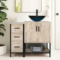 Eclife 36" Oak Bathroom Vanity Cabinet Sink Combo W/Free Standing 3 Drawers Side Cabinet, Oak Veneered Bathroom Vanity Pedestal Cabinet W/Soft Closing Door And Shelf -Moen Shop 518QIIit6DL. AC