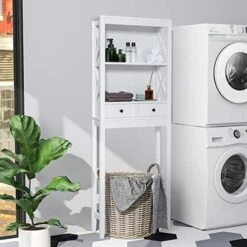 Over The Toilet Storage Cabinet, 65''Over The Toilet Storage Cabinet With Adjustable Bottom Bar, 2 Open Shelves, 2 Drawers, Anti-tip Devices, Freestanding Above Toilet Storage Cabinet (White) -Moen Shop 519WZThLUfL