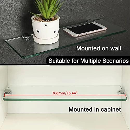 SAYAYO Floating Glass Shelves For Bathroom, 15 X 5 Inch Chrome Tempered Glass Shelf For Wall 1 Pack, Clear 5 SAYAYO Floating Glass Shelves For Bathroom, 15 X 5 Inch Chrome Tempered Glass Shelf For Wall 1 Pack, Clear - Image 3