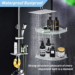 HouseMila Bathroom Shelf, 2 Tier Glass Bathroom Wall Shelf With Extra 3 Hangers Floating Glass Corner Shelves With Nail Shampoo Organizer -Moen Shop 51A73pDT6jL