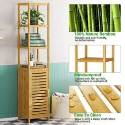 VIAGDO Bathroom Storage Cabinet, Tall Slim Cabinet With Shutter Door And 3 Tier Shelves, Freestanding Linen Tower Cabinet For Living Room, Kitchen, Bathroom Organizer, Natural Bamboo 14 VIAGDO Bathroom Storage Cabinet, Tall Slim Cabinet With Shutter Door And 3 Tier Shelves, Freestanding Linen Tower Cabinet For Living Room, Kitchen, Bathroom Organizer, Natural Bamboo -Moen Shop 51Ausjs7x0L