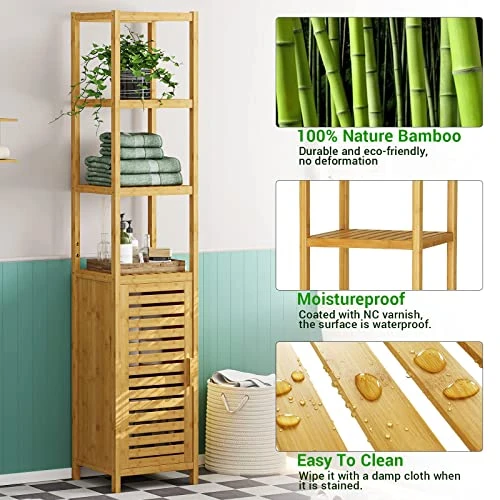 VIAGDO Bathroom Storage Cabinet, Tall Slim Cabinet With Shutter Door And 3 Tier Shelves, Freestanding Linen Tower Cabinet For Living Room, Kitchen, Bathroom Organizer, Natural Bamboo 7 VIAGDO Bathroom Storage Cabinet, Tall Slim Cabinet With Shutter Door And 3 Tier Shelves, Freestanding Linen Tower Cabinet For Living Room, Kitchen, Bathroom Organizer, Natural Bamboo - Image 5