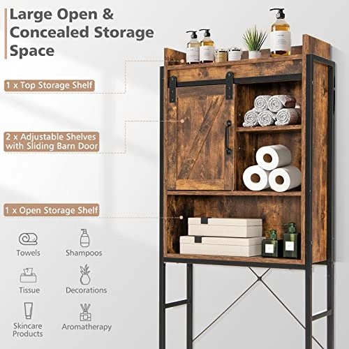 LOKO Over The Toilet Storage Cabinet, Freestanding Bathroom Space Saver With Adjustable Shelves & Sliding Barn Door, 4-Tier Over Toilet Bathroom Organizer, 25 X 9.5 X 67.5 Inches (Rustic Brown) 6 LOKO Over The Toilet Storage Cabinet, Freestanding Bathroom Space Saver With Adjustable Shelves & Sliding Barn Door, 4-Tier Over Toilet Bathroom Organizer, 25 X 9.5 X 67.5 Inches (Rustic Brown) - Image 4