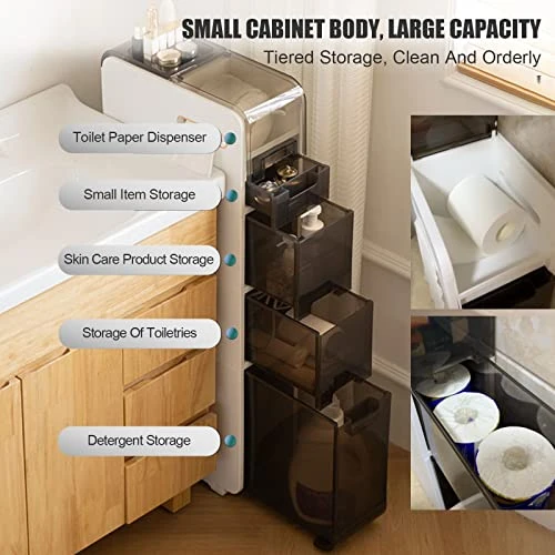 OEODJUJS 6.9" W Skinny Bathroom Storage Cabinet, 4 Tier Toilet Paper Holder Cabinet With Drawers, Narrow Pantry Cabinet For Bedroom/Kitchen Small Space, White 6 OEODJUJS 6.9" W Skinny Bathroom Storage Cabinet, 4 Tier Toilet Paper Holder Cabinet With Drawers, Narrow Pantry Cabinet For Bedroom/Kitchen Small Space, White - Image 4