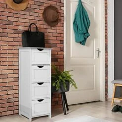 Bonnlo Bathroom Organizer And Storage Wooden Side Bathroom Cabinet With 4 Drawers Free Standing Cabinet White For Bathroom Bedroom Living Room Hallway, 11 13/16" X11 13/16" X32 3/8" 13 Bonnlo Bathroom Organizer And Storage Wooden Side Bathroom Cabinet With 4 Drawers Free Standing Cabinet White For Bathroom Bedroom Living Room Hallway, 11 13/16" X11 13/16" X32 3/8" -Moen Shop 51I6Uwq4fDL