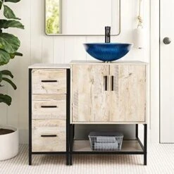 Eclife 36" Oak Bathroom Vanity Cabinet Sink Combo W/Free Standing 3 Drawers Side Cabinet, Oak Veneered Bathroom Vanity Pedestal Cabinet W/Soft Closing Door And Shelf -Moen Shop 51IuIscWAsL. AC