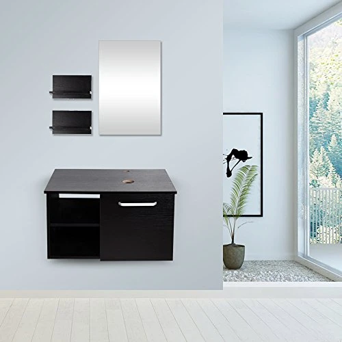 Puluomis Wall Mounted Bathroom Vanity, Double Wood Side Shelves With Mirror, 1-Door And 2-Shelves, Black Finish, 28-Inch 9 Puluomis Wall Mounted Bathroom Vanity, Double Wood Side Shelves With Mirror, 1-Door And 2-Shelves, Black Finish, 28-Inch - Image 7