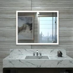 HAUSCHEN HOME 32 X 40 Inch LED Bathroom Mirror, Aluminum Frame With Wooden Effect, Wall Mounted Dimmable Vanity Mirror, Anti-Fog, 3-Color Warm/Natural/White Light, Horizonal & Vertical -Moen Shop 51LUlcOc UL. AC
