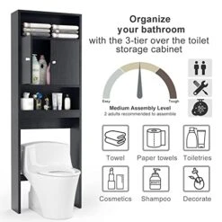 Hcman Over The Toilet Storage Cabinet - 77" H Over Toilet Bathroom Cabinet Organizer With Open Shelves And Double Doors, Black -Moen Shop 51Lff3G1VYL
