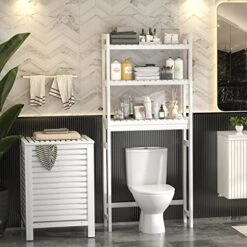 Homykic Over The Toilet Storage, Bamboo 3-Tier Over-The-Toilet Space Saver Organizer Rack, Stable Freestanding Above Toilet Stand With 3 Hooks For Bathroom, Restroom, Laundry, White -Moen Shop 51MbqnxccrL