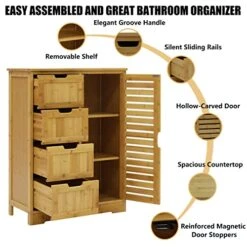 MUPATER Small Bathroom Storage Cabinet Bamboo With 4 Drawers And 1 Cupboard, Freestanding Compact Floor Towel Cabinet Bamboo For Bathroom, Laundry Room, Entryway And Bedroom, Natural -Moen Shop 51NCFHWb11L