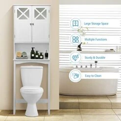 Giantex Over The Toilet Storage Cabinet W/ 2 Doors & Open Shelf, Bathroom Shelves Over Toilet Free Standing Toilet Rack W/Adjustable Middle Shelf & Bottom Bar, Wooden Over The Toilet Storage (White) -Moen Shop 51P339zXOOL