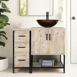 Eclife 36" Oak Bathroom Vanity Cabinet Sink Combo W/Free Standing 3 Drawers Side Cabinet, Oak Veneered Bathroom Vanity Pedestal Cabinet W/Soft Closing Door And Shelf -Moen Shop 51PH61jcx5L. AC