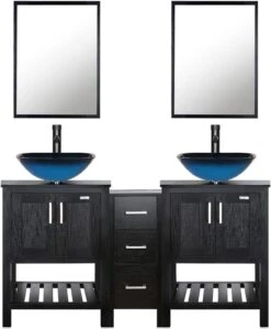 Eclife 60’’ Bathroom Vanity Combo Black W/Side Cabinet Vanity Modern Pedestal Cabinet Set Pedestal Stand Wood With Bathroom Vanity Mirror Soft Closing Cabinet Doors Set (2B06 B11) -Moen Shop 51QP2QftS L. AC