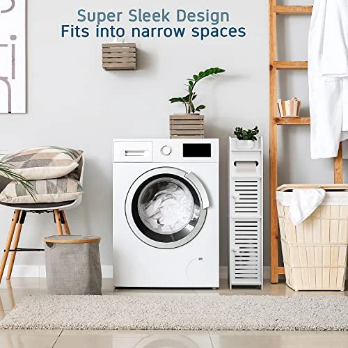 MEZHI Bathroom Storage Cabinet Floor Standing Toilet Paper Organizer Shelves With Door (White) 8 MEZHI Bathroom Storage Cabinet Floor Standing Toilet Paper Organizer Shelves With Door (White) - Image 6