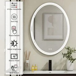 BuLife 28 X 20 Inch Oval LED Bathroom Mirror Anti-Fog 3 Colors Light Dimmable Wall Mounted Lighted Bathroom Vanity Mirror Memory Makeup Mirror Touch Switch -Moen Shop 51Qh1RITcGL