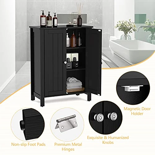 Tangkula Bathroom Floor Cabinet, Free Standing 3 Tier Storage Cabinet With Double Door & Adjustable Shelf, Wooden Bathroom Cabinet For Home Office, 23.5 X 12 X 31.5 Inches (Black) 7 Tangkula Bathroom Floor Cabinet, Free Standing 3 Tier Storage Cabinet With Double Door & Adjustable Shelf, Wooden Bathroom Cabinet For Home Office, 23.5 X 12 X 31.5 Inches (Black) - Image 5