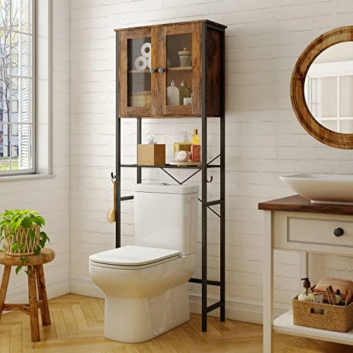 Tajsoon 3-Tier Over The Toilet Storage Rack, Space Saver Bathroom Organizer Shelf, Multifunctional Storage Rack With Wooden Cabinet, Freestanding Bathroom Shelves With Hook, Metal, Rustic Brown 5 Tajsoon 3-Tier Over The Toilet Storage Rack, Space Saver Bathroom Organizer Shelf, Multifunctional Storage Rack With Wooden Cabinet, Freestanding Bathroom Shelves With Hook, Metal, Rustic Brown - Image 3