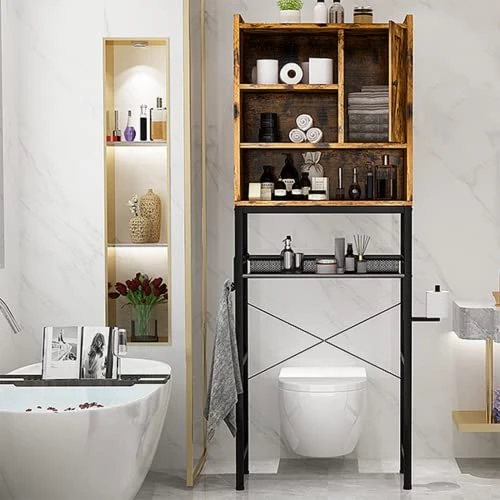 Lamerge Over The Toilet Storage Cabinet, Bathroom Toilet Rack, Freestanding Bathroom Organizer Over Toilet With Adjustable Shelf, Paper Hook, Space Saver Toilet Stands, Open Storage, Rustic Brown 7 Lamerge Over The Toilet Storage Cabinet, Bathroom Toilet Rack, Freestanding Bathroom Organizer Over Toilet With Adjustable Shelf, Paper Hook, Space Saver Toilet Stands, Open Storage, Rustic Brown - Image 5