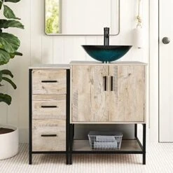 Eclife 36" Oak Bathroom Vanity Cabinet Sink Combo W/Free Standing 3 Drawers Side Cabinet, Oak Veneered Bathroom Vanity Pedestal Cabinet W/Soft Closing Door And Shelf -Moen Shop 51WzsCWlNAL. AC