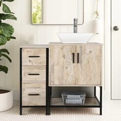 Eclife 36" Oak Bathroom Vanity Cabinet Sink Combo W/Free Standing 3 Drawers Side Cabinet, Oak Veneered Bathroom Vanity Pedestal Cabinet W/Soft Closing Door And Shelf -Moen Shop 51aH81FpOaL. AC
