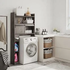 Furniouse Over The Toilet Storage Cabinet, 6-Tier Toilet Organizer Rack, Bathroom Shelf, And Cabinet With Sliding Barn Door For Restroom, Laundry -Moen Shop 51aybIZJTaL