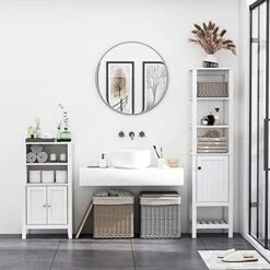 HOMCOM Freestanding Wood Bathroom Storage Tall Cabinet Organizer Tower With Shelves & Compact Design, White -Moen Shop 51dgPR0d3DL
