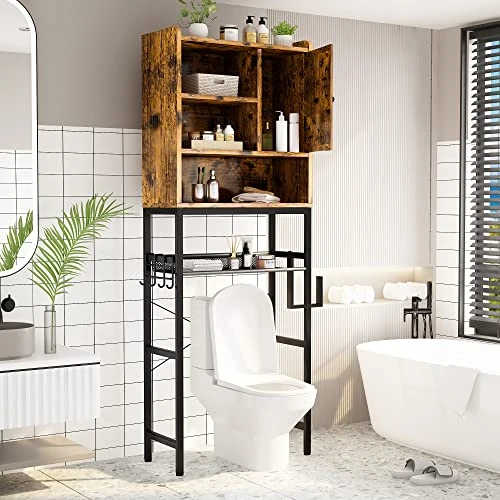 Lamerge Over The Toilet Storage Cabinet, Bathroom Toilet Rack, Freestanding Bathroom Organizer Over Toilet With Adjustable Shelf, Paper Hook, Space Saver Toilet Stands, Open Storage, Rustic Brown 5 Lamerge Over The Toilet Storage Cabinet, Bathroom Toilet Rack, Freestanding Bathroom Organizer Over Toilet With Adjustable Shelf, Paper Hook, Space Saver Toilet Stands, Open Storage, Rustic Brown - Image 3
