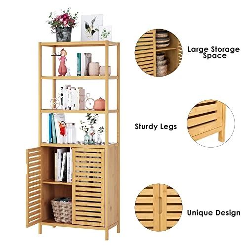HIFIT Tall Bathroom Storage Cabinet, Bamboo Storage Cabinet With 2 Doors And 3 Tier Shelves, Bathroom Cabinet Freestanding, 67”H Bamboo Tall Cabinet For Bathroom Living Room Kitchen, Nature 5 HIFIT Tall Bathroom Storage Cabinet, Bamboo Storage Cabinet With 2 Doors And 3 Tier Shelves, Bathroom Cabinet Freestanding, 67”H Bamboo Tall Cabinet For Bathroom Living Room Kitchen, Nature - Image 3