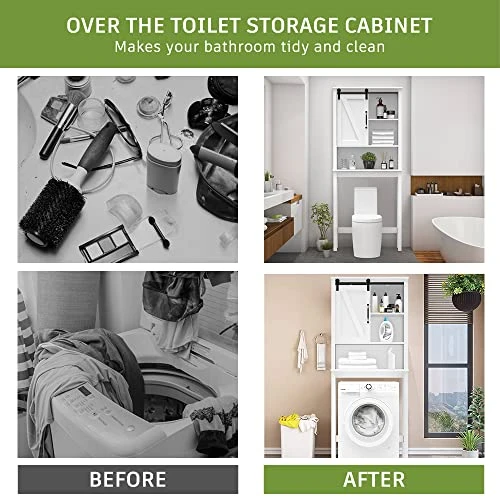 Aowos Over The Toilet Storage Cabinet, Freestanding Bathroom Organizer Over Toilet With Sliding Barn Door, 3-Tier Adjustable Shelves, Open Storage, White 4 Aowos Over The Toilet Storage Cabinet, Freestanding Bathroom Organizer Over Toilet With Sliding Barn Door, 3-Tier Adjustable Shelves, Open Storage, White - Image 2