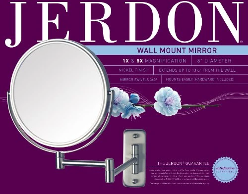Jerdon 8-Inch Two-Sided Swivel Wall Mount Mirror - Makeup Mirror With 8X Magnification & 13.5 Inch Wall Extension - Nickel Finish - Model JP7808N 4 Jerdon 8-Inch Two-Sided Swivel Wall Mount Mirror - Makeup Mirror With 8X Magnification & 13.5 Inch Wall Extension - Nickel Finish - Model JP7808N - Image 2
