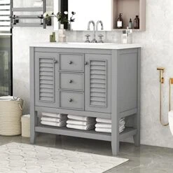 Merax 36" Bathroom Vanity With Ceramic Basin, Two Cabinets And Drawers, Open Shelf, Solid Wood Frame, Gray