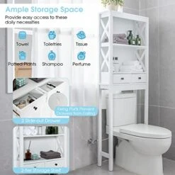 Over The Toilet Storage Cabinet, 65''Over The Toilet Storage Cabinet With Adjustable Bottom Bar, 2 Open Shelves, 2 Drawers, Anti-tip Devices, Freestanding Above Toilet Storage Cabinet (White) -Moen Shop 51lnl3rsNHL
