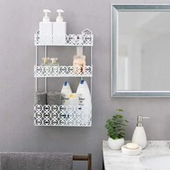 MyGift Wall Mounted White Metal 3 Tiered Hanging Bathroom Shelf, Decorative Kitchen Shelf Organizer Spice Rack With Victorian Cutout Design