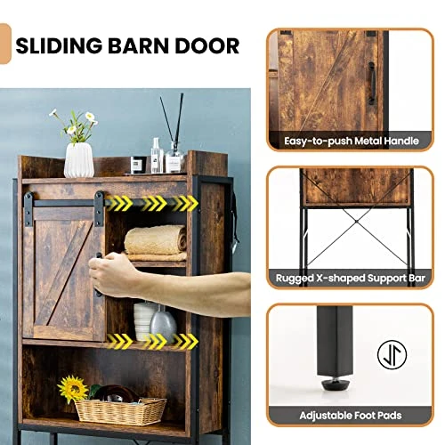 Giantex Over The Toilet Storage Cabinet, 4-Tier Bathroom Organizer W/ 3-Position Adjustable Shelves & Sliding Barn Door, Freestanding Toilet Space Saver Shelf For Bathroom, Laundry (Rustic Brown) 6 Giantex Over The Toilet Storage Cabinet, 4-Tier Bathroom Organizer W/ 3-Position Adjustable Shelves & Sliding Barn Door, Freestanding Toilet Space Saver Shelf For Bathroom, Laundry (Rustic Brown) - Image 4
