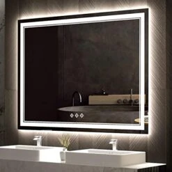 VanPokins LED Bathroom Mirror, 24x32 Inch Gradient Front And Backlit LED Mirror For Bathroom, 3 Colors Dimmable CRI>90 Double Lights, IP54 Enhanced Anti-Fog, Hanging Plates Wall Mount Lighted Mirror -Moen Shop 51mgHKgc3BL. AC