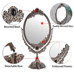 JUXYES Metal Tabletop Antique Decorative Makeup Mirror With Stand, Vintage Swivel Double Sided Cosmetic Mirror With Frame, Retro Desktop Oval Dressing Mirror For Bathroom Bedroom -Moen Shop 51nWYoSNWeL